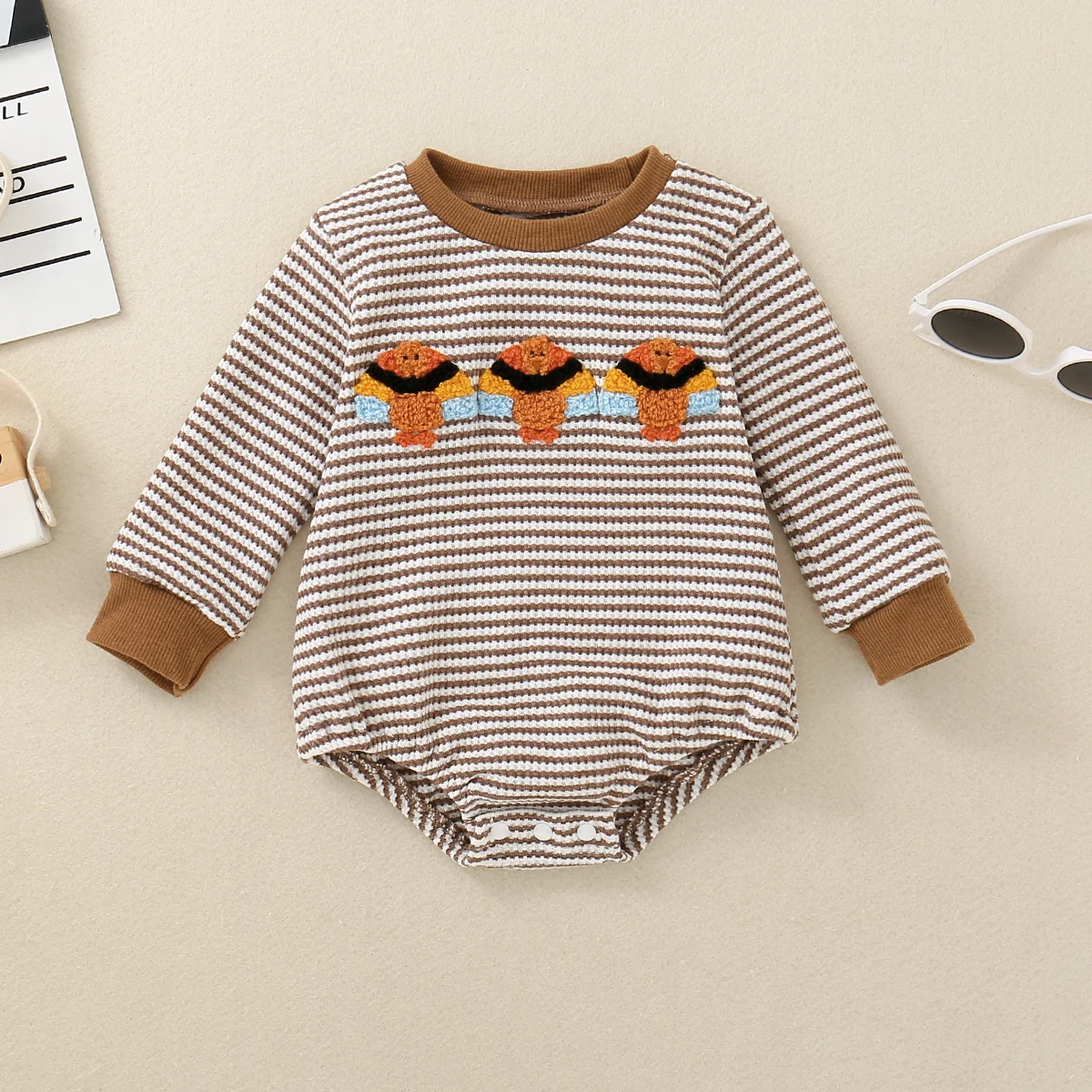 Spring Autumn Unisex Baby Toddler Striped Bee Embroidered Long Sleeve Triangle Romper Casual Home Wear