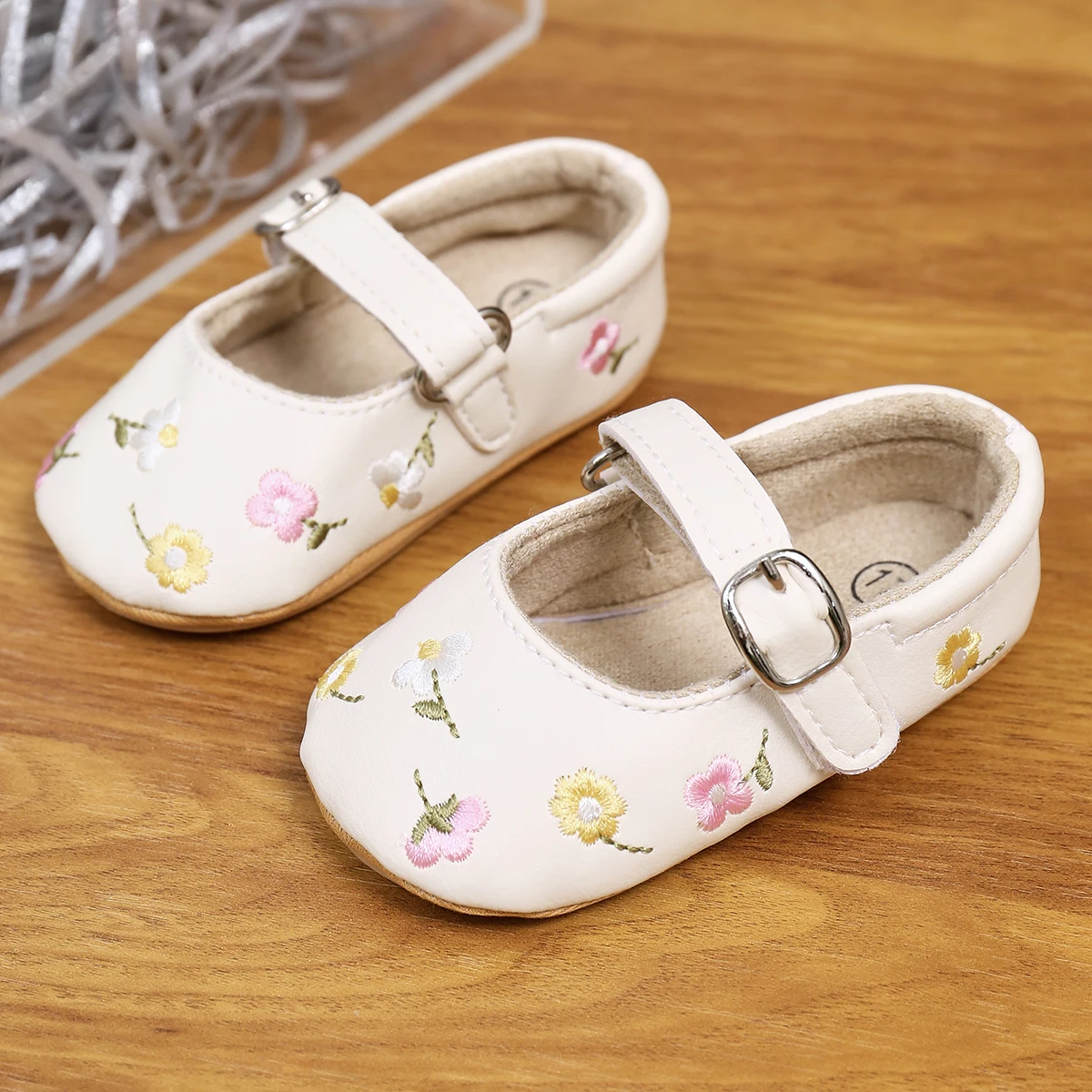 Yibubu Beige Baby Shoes Embroidered Floral Baby Girl Shoes, Mary Jane Flats, Princess Shoes, Non-Slip Rubber Sole Newborn First