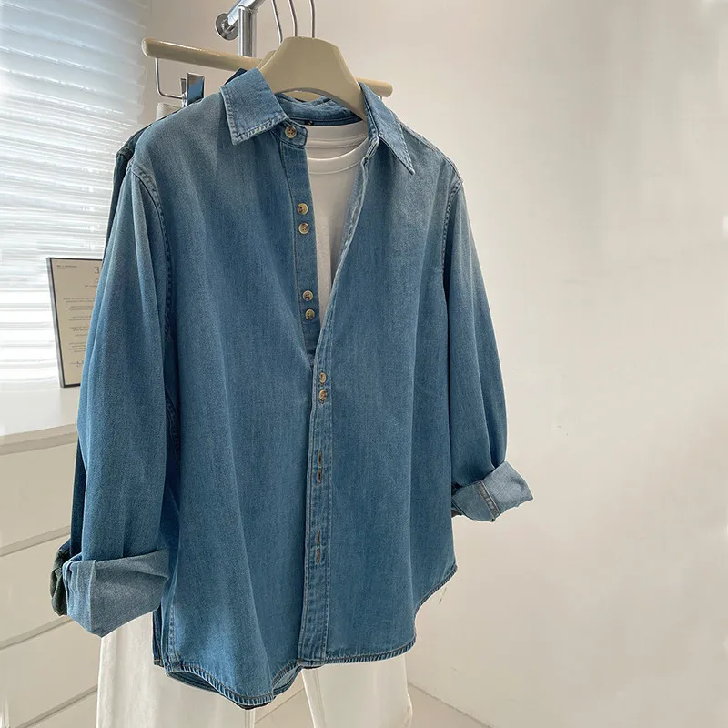 

Retro Washed Blue Denim Shirts Women's Long Sleeve Casual Versatile Turn Down Collar Tops Korean Style Early Spring Blousers