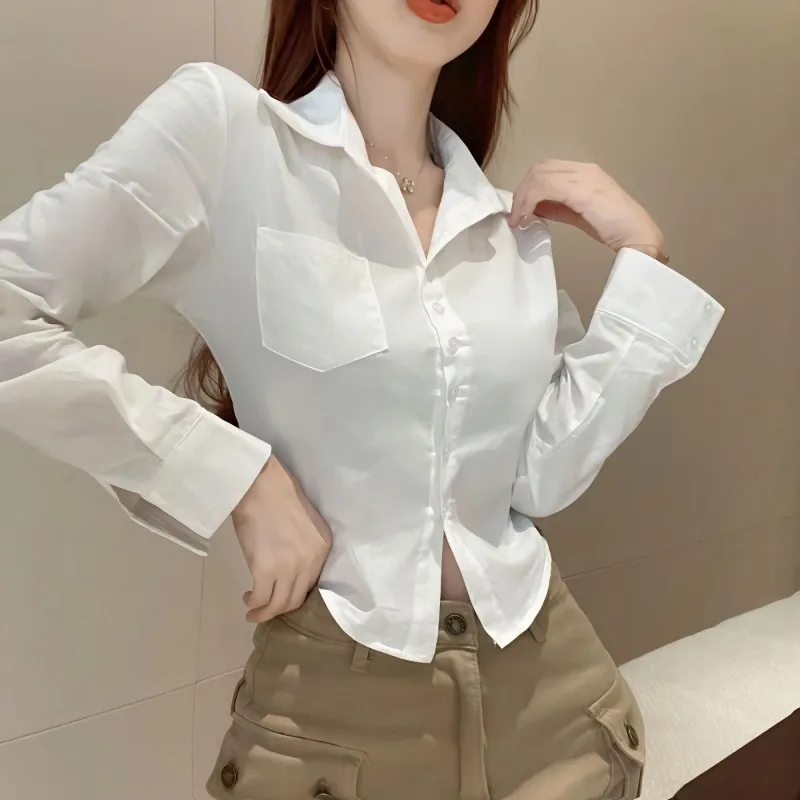 Japanese Women\'s Blouses 2024 New Spring Patchwork Turndown Collar Button Fashion Solid Color Long Sleeve Slim Fit Waist Shirts