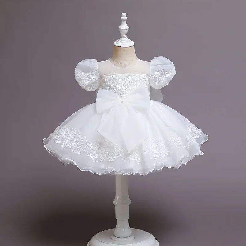 

Puff Sleeve Embroidery Big Bow Baby Girl Baptismal Dress Pearl Princess Kid's Dress Toddler Clothes For Newborns Vestidos 1 3 6Y