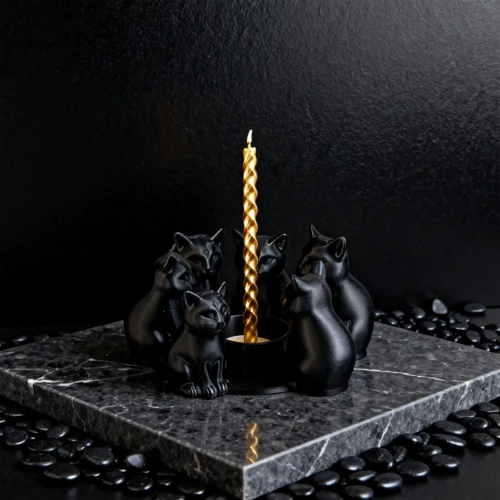 Meditation Space Cartoon-Katzen-Kerzenhalter, ringförmig, niedlicher 3D-gedruckter Kerzenständer, dekoratives schwarzes Kätzchen-Ornament für Schlafzimmer