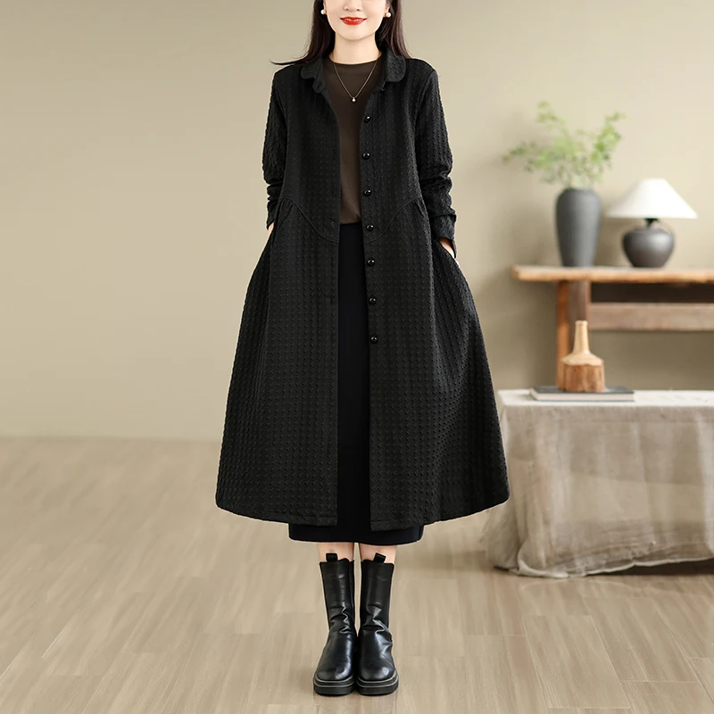 2026 Autumn New Wind Coat Women's Fashion Collar Black Long Coat Loose Korean Large Size Wind Coat Women