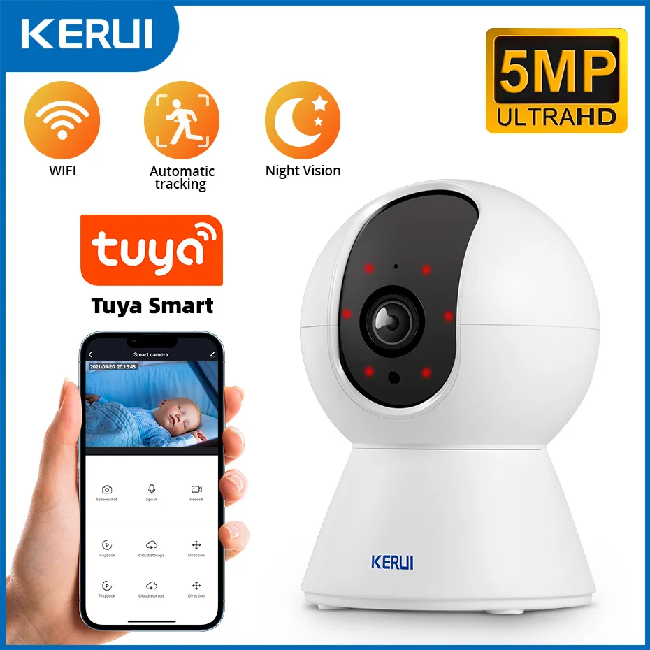 KERUI 투야 스마트 미니 와이파이 IP 카메라, 실내 무선 보안 홈 CCTV 감시 카메라, 자동 추적 기능, 3MP 풀 HD, 5MP 