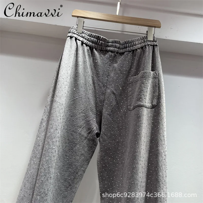 European Heavy Industry Hot Diamond Sweatpants Women\'s Elastic High Waist Tied Casual Pants Autumn New Fashion Loose Sweatpants