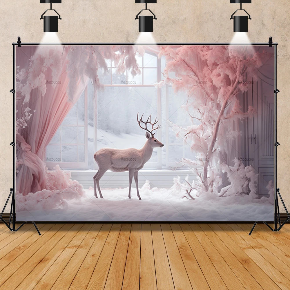 Christmas Pink White Mysterious Elk Snow Scene Gift Kid Family Party Backdrop Custom Baby Kid Room Photo Poster Decor Background