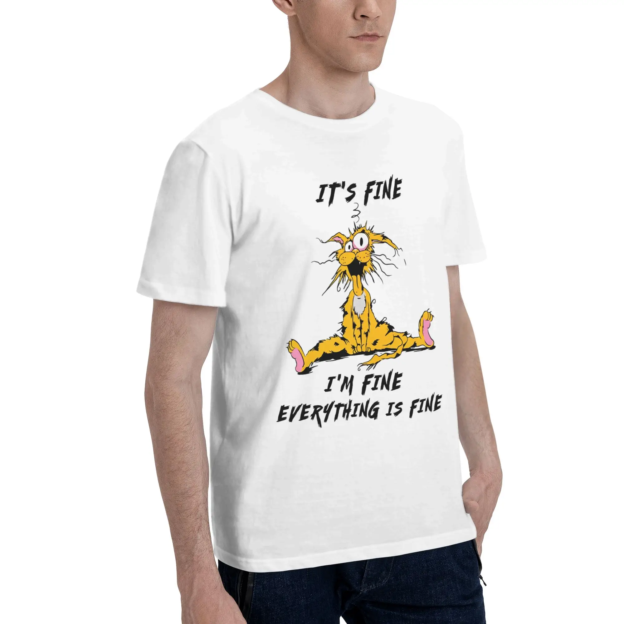 Explosion Hair cat Men's T Shirts I’m Fine Cat Casual Tee Shirt Short Sleeve Crew Neck Cotton Original Tops T-Shirt