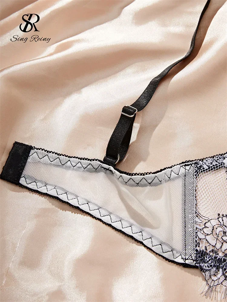 SINGREINY Women French Sheer Porno Lace Underwear Sets Embroidery Spliced Sheath Sleepwear Fashion Ladies Erotic Lingerie Suits