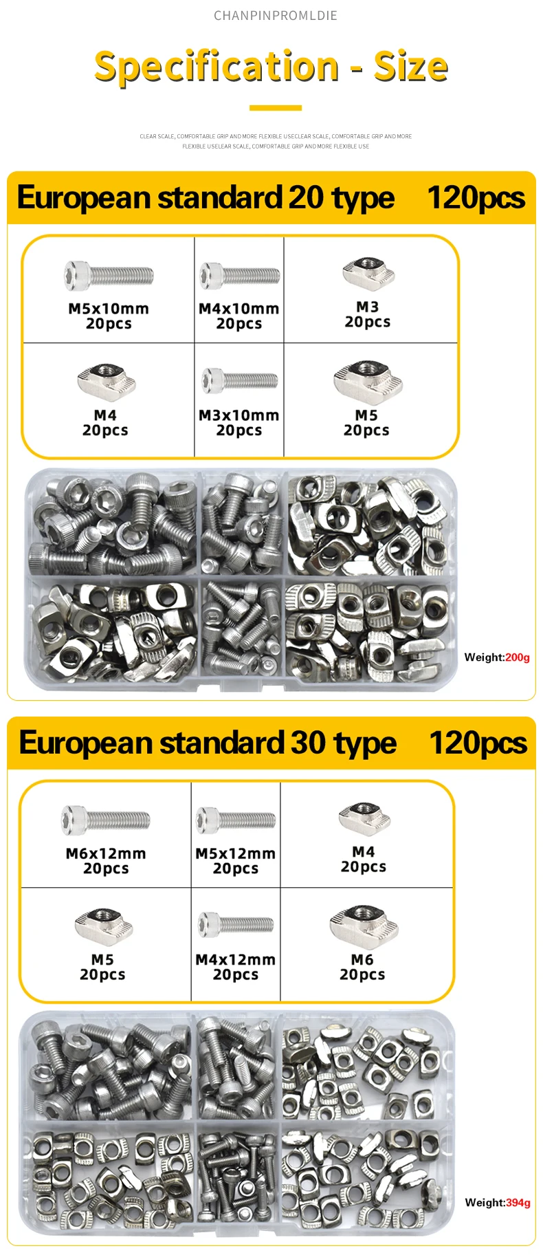 T-Nutensteckset mit Schrauben, M3 M4 M5 M6 Hammerkopf für 2020 3030 4040 Aluminiumprofil – Sechskantschrauben-Sortimentsset – Detail 9