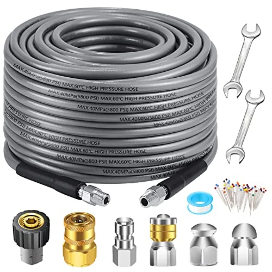 

【Spot goods】Sewer Jetter Kit 100FT for Pressure Washer 5800PSI Drain Cleaner Hose 1/4 Inch NPT Corner Rotating and Button Nose