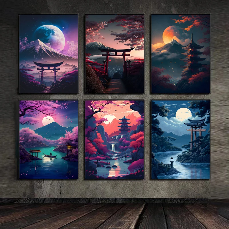 Abstract Art Japanese Fuji Mountain Poster Canvas Painting Cyberpunk Landscape Corridor Wall Decor Picture Living Room Mural