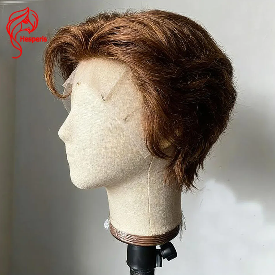 Hesperis Light Brown 13x6 Lace Front Human Hair Wig Natural Wavy Transparent Lace Short Cut Pre Plucked Remy Hair for Men