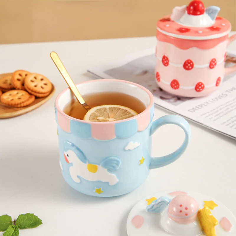 

Cute Strawberry Cake, Heart Shape Ceramic Mugs, Easy Clean, Reusable and Multi-Color Coffee Milk Mugs for Home and Office Use