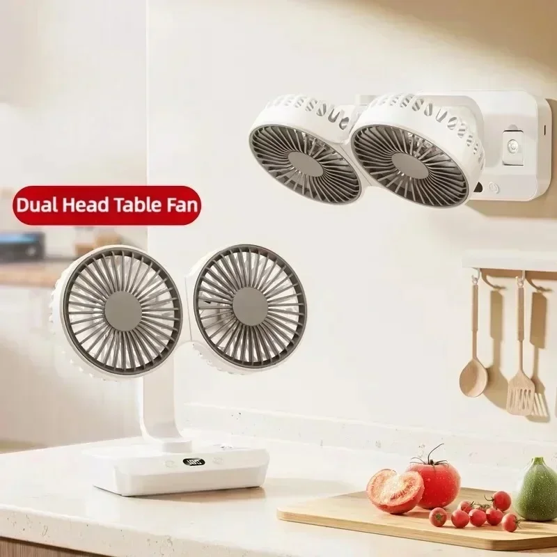 2024 New Multi-Function Double-Head Shaking Fan 4-Gears Adjustable High-Definition Digital Display Night Lights Portable Fan