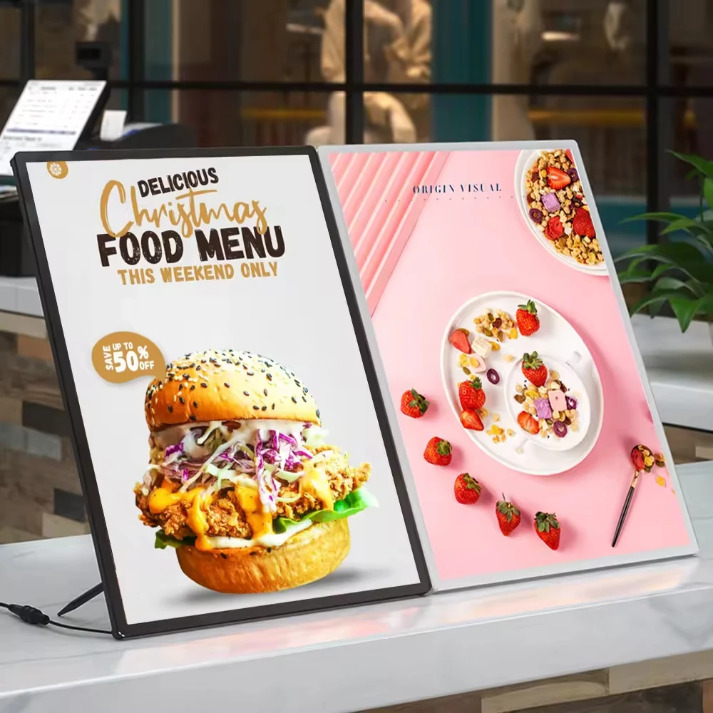 Ultra-Thin LED Light Box for Business Cinema, Restaurant Menu Board Tempered Glass Aluminum Frame Light Box Poster Display