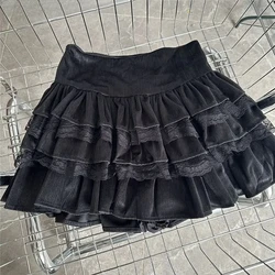 Vintage Cake Skirts Lace Patchwork High Waist Mujer Faldas Solid Fashion Sweet Falda Casual Temperament Short Skirt for Women