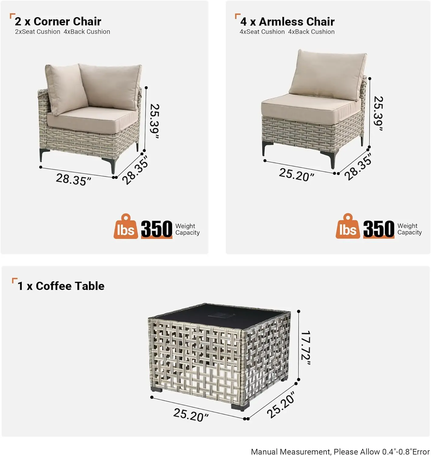 7-Piece Outdoor Patio Furniture Set with Luminous Coffee Table, Rattan Wicker Set with Sofa, Modular Single Chair, Beige