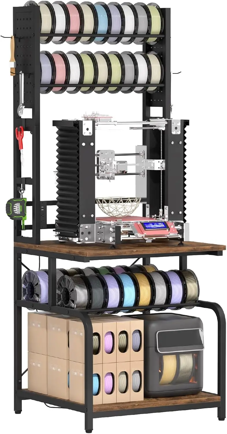 Retro Brown Double Layer 3D Printer Desk With Outlet Storage Stand