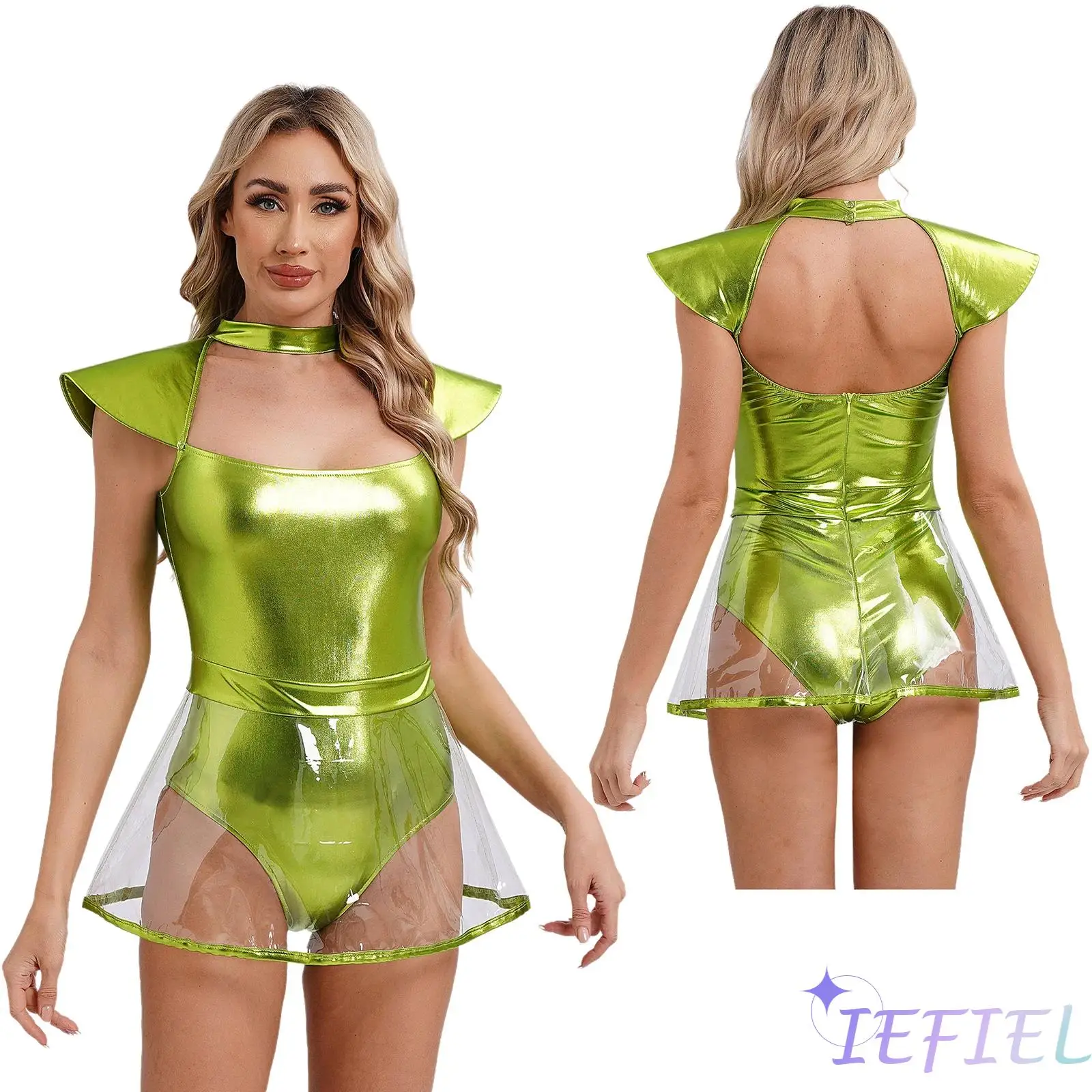 Womens Space Alien Cospaly Costume One-piece Cutout Bodycon Bodysuit PVC Skirted for Carnivals Halloween Astronaut Theme Party