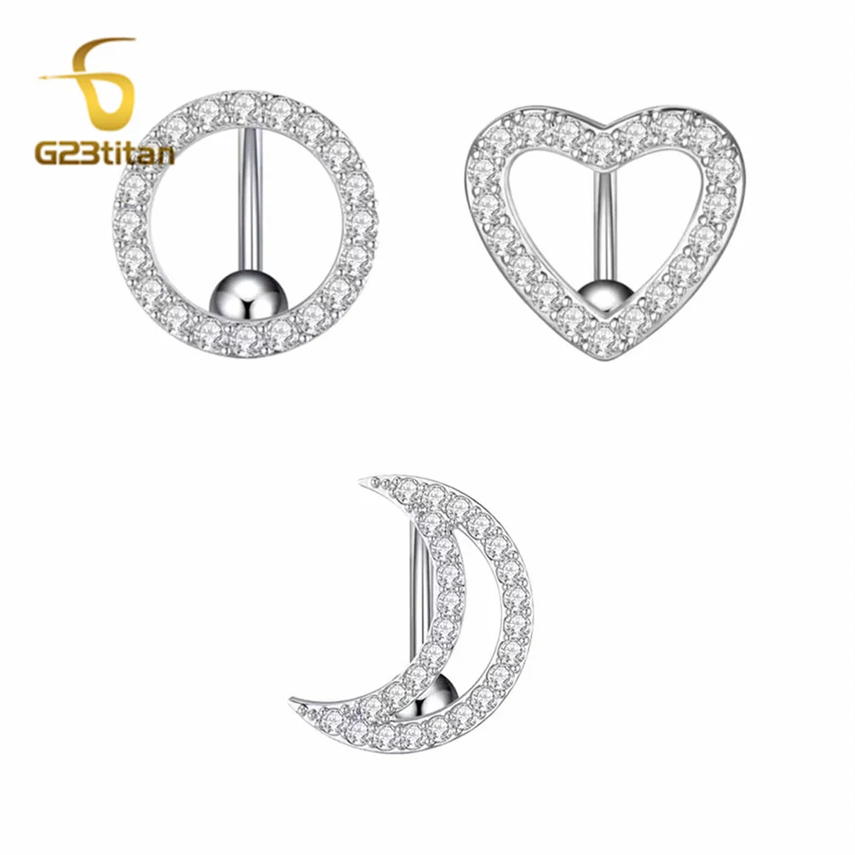 G23 titan 6-16mm 14G Titanium Bar Reverse Belly Ring Silver Color White Crystal Heart Round Moon Flower Navel Piercing Jewelry