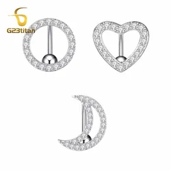 G23 titan 6-16mm 14G Titanium Bar Reverse Belly Ring Silver Color White Crystal Heart Round Moon Flower Navel Piercing Jewelry