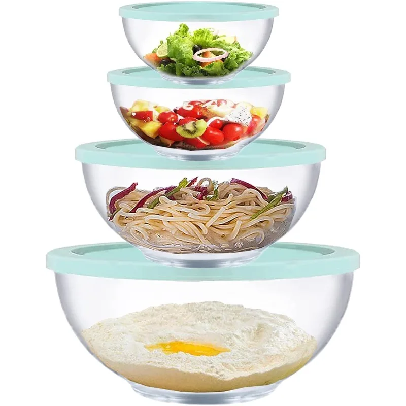 Glass Mixing Bowls with Lids Set, 8 Pieces Glass Salad Bowl Set with Lids(0.6QT,1.1QT,2.2QT,4QT)High Brosilicate Microwave Bowls