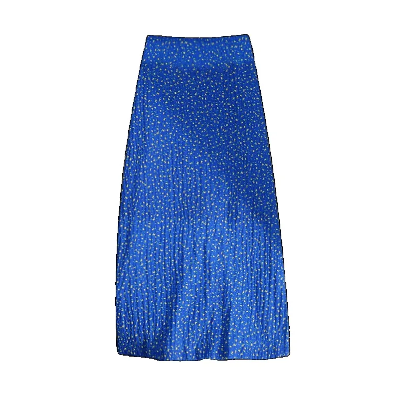 Retro Blue Floral Vacation Skirt Women's Summer Temperament Elegant After Split Ends Hip Wrap Long Skirt New Popular Bohemian