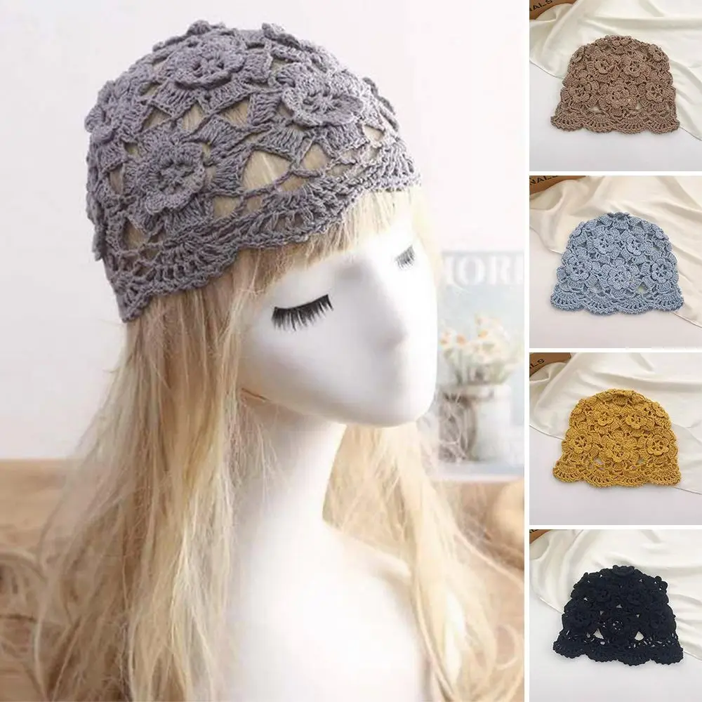 Breathable Hollowed Out Baotou Hat Casual Handmade Knitted Hat Fashion Flowers Skullies Hat for Women