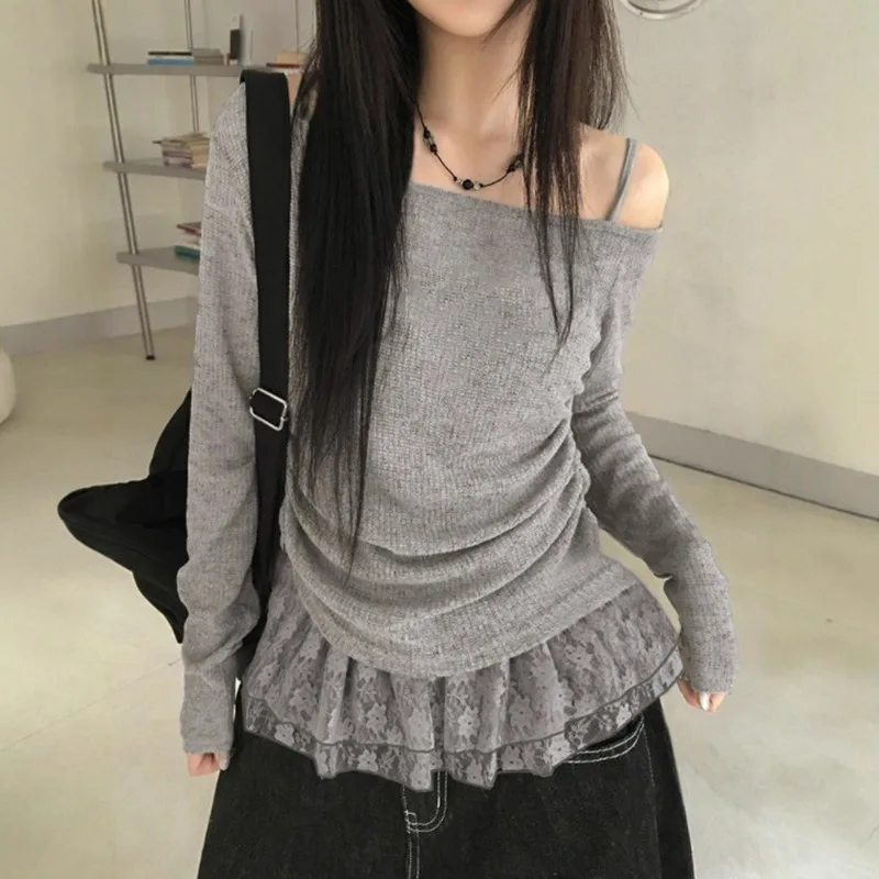 2025, Spice Girl, leicht transparent, schräger Ausschnitt, dünn, schulterfrei, Strickkittel, Sommerurlaub, Zwei-Spitzen-Top mit geraffter Taille