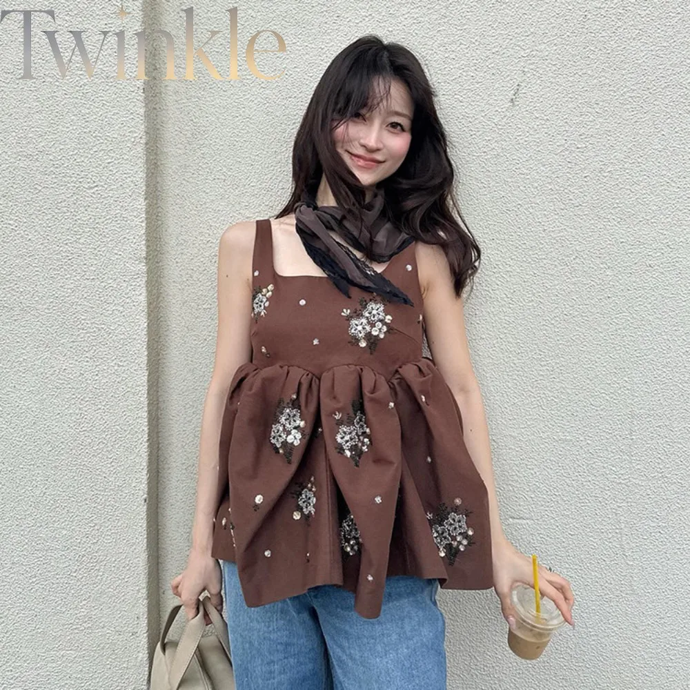 Japanese Style Beaded Embroidered U Neck Cami Top Women Puff Bubble Sleeveless Slimming Elegant Vest Shirt for Female
