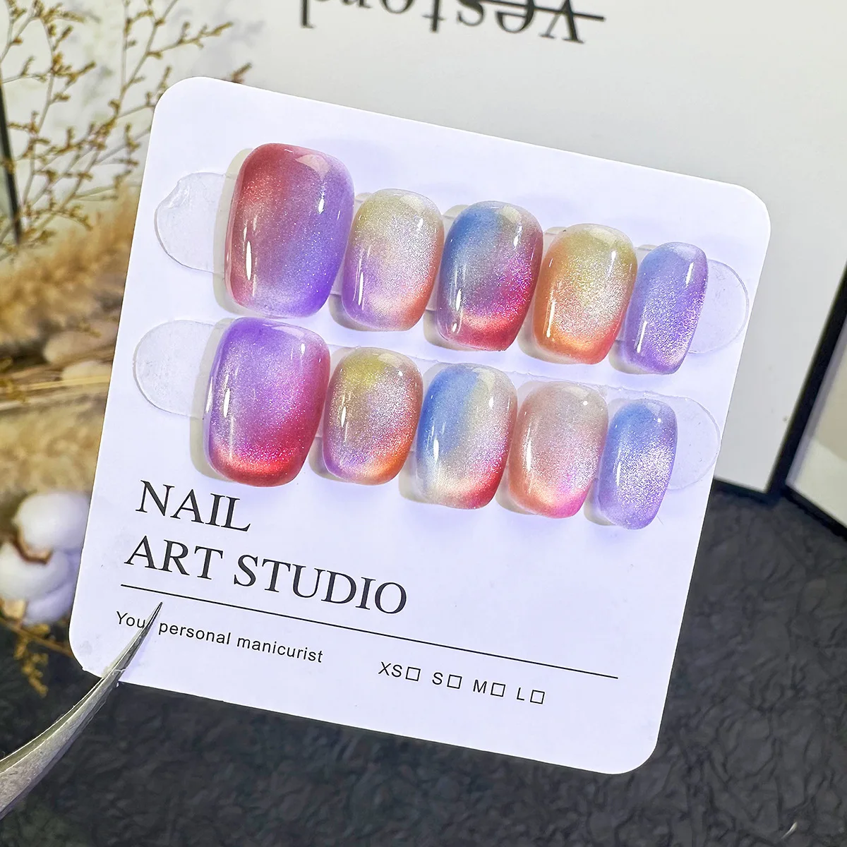 Short new spring atmosphere pure handmade wear a colorful candy glass beads cat eye smudged nail art