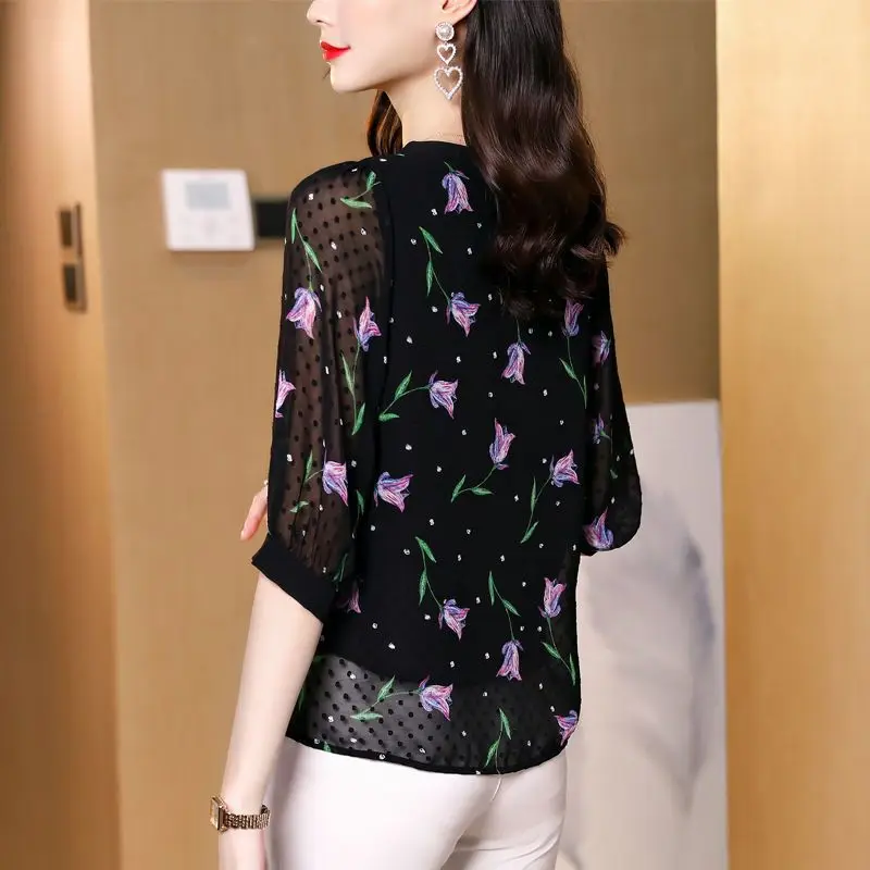 Blusa de chiffon floral novo estilo verão solto ajuste camisa feminina emagrecimento