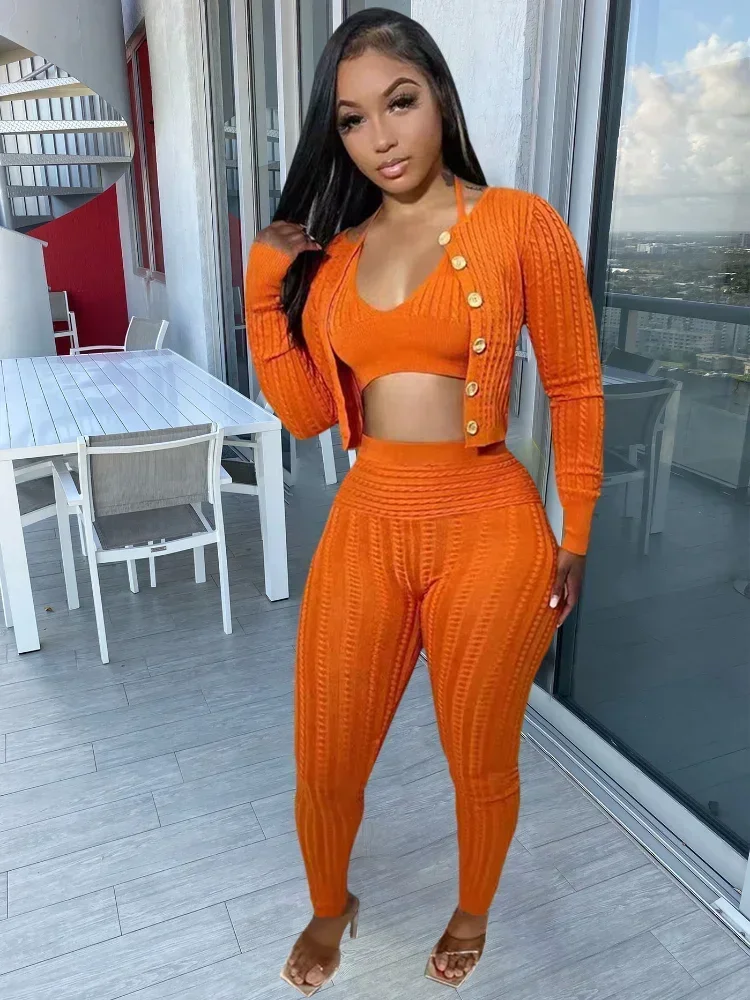 

GUWU Casual Sweater Cardigan 3 Piece Set Shirt + Tank Crop Top + Long Pants Sportsuit Matching Set Clothes for Women Outfit
