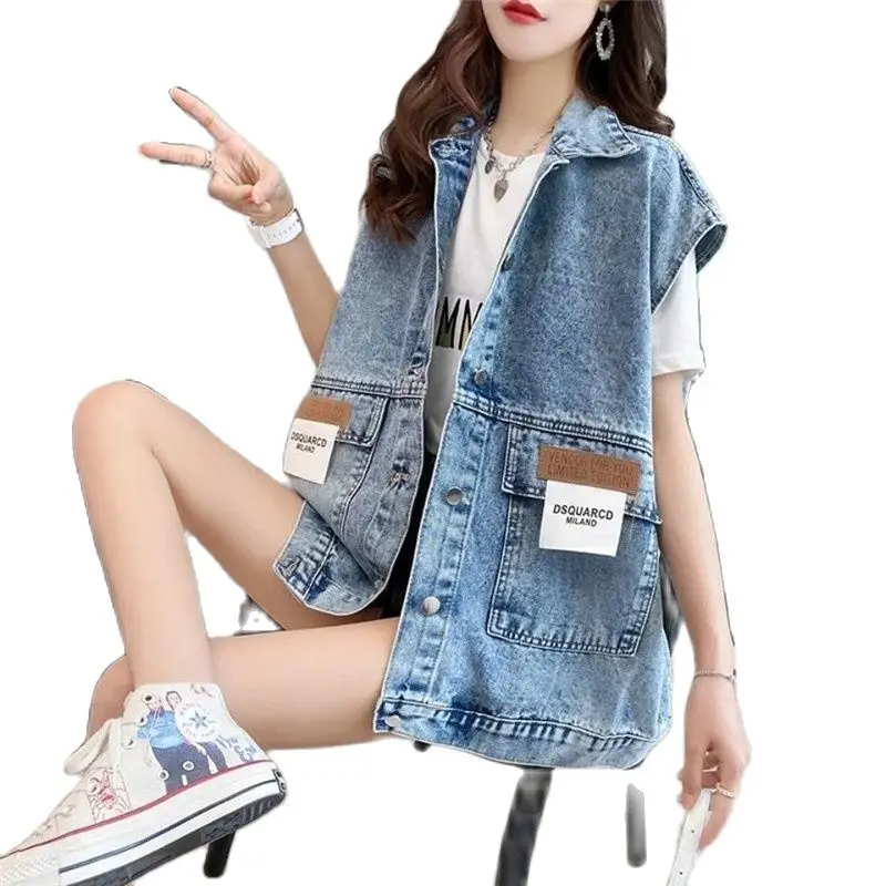 

Fashion Patch Denim Vest Female New 2024 Spring Autumn Thin Cowboy Waistcoat Korean Loose Sleeveless Women Denim Jacket Tops