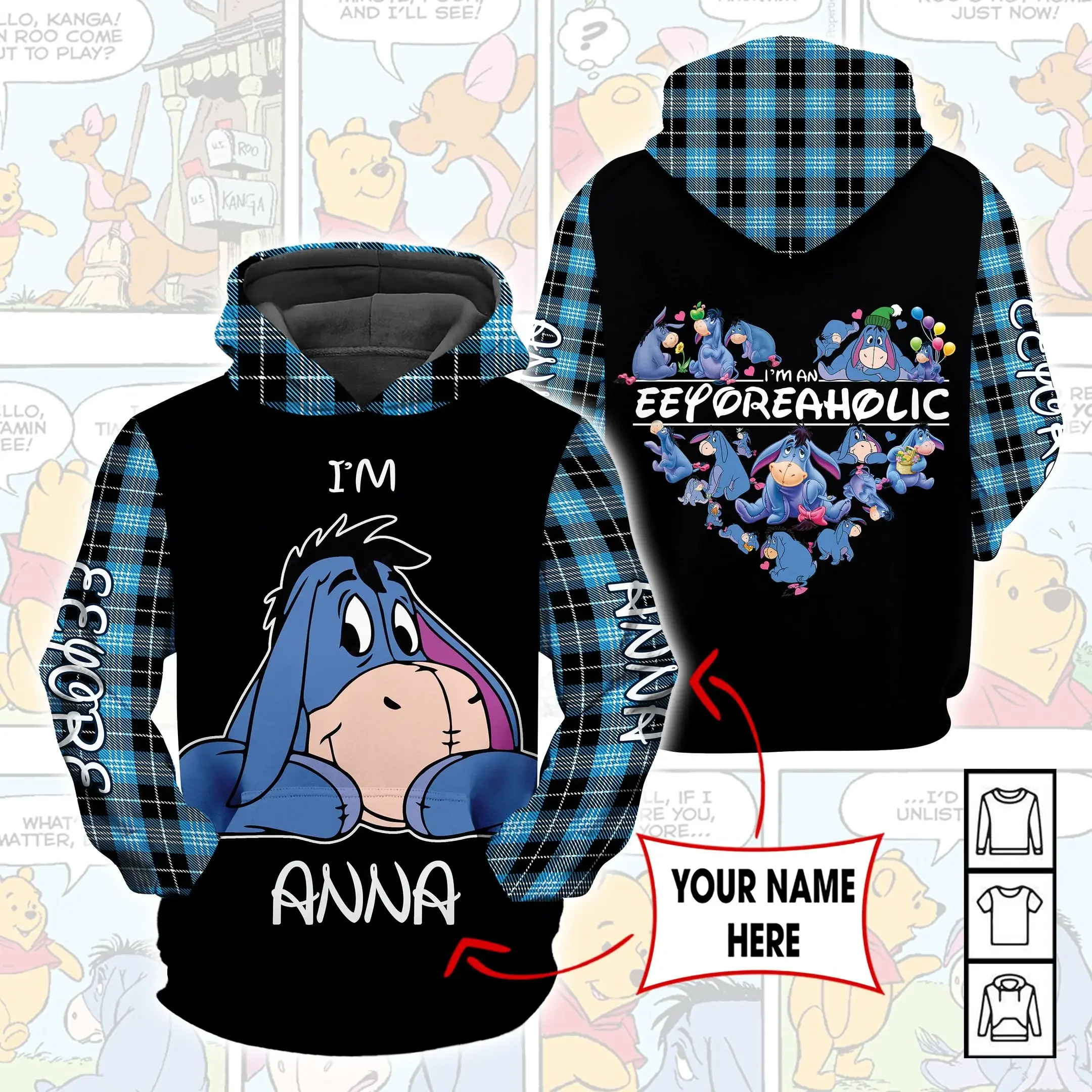 2024 Disney Eeyore Winnie the Pooh Unisex Cartoon Graphic 3d Men and Women Hoodie Fashion Retro 3d Zipper Hoodie Custom Name