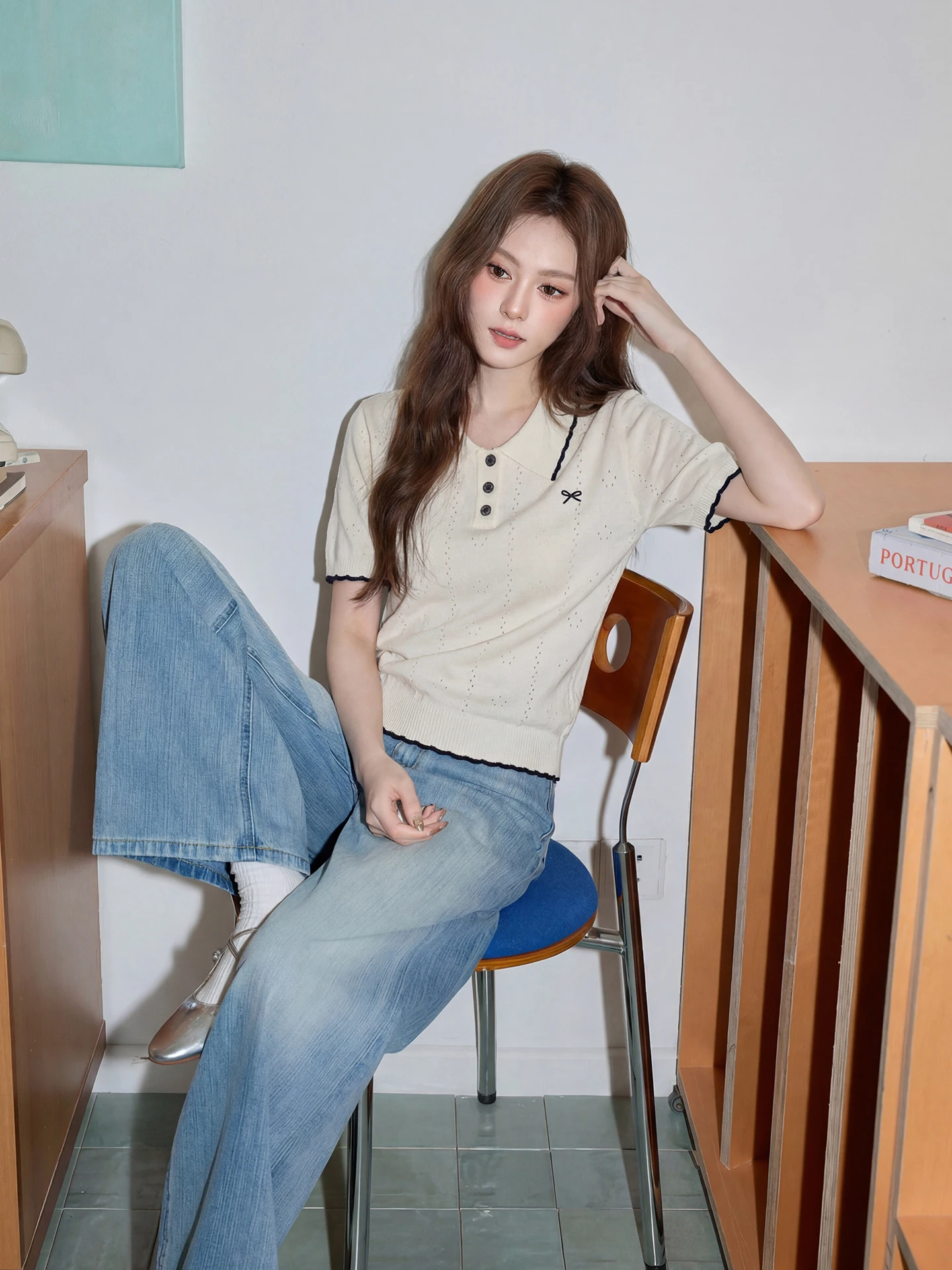 

Summer Thin Knitted Neck Short Sleeve T-Shirt Women's Loose Fit Shoulder Design Color Block Casual Top Korean Style