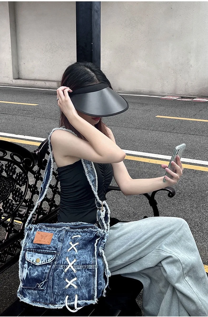 

Women Tote Bag Fashion Street Large Capacity Washed Denim Shoulder Bag Y2K Style Casual Crossbody Jeans Bags