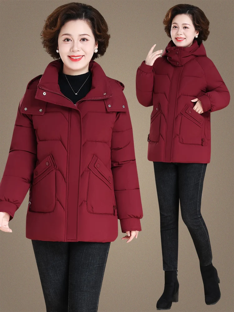 Casual Sle down Cotton Jaet for Middle-Aged Mothers Winter Warm Windproof Thiened Zipper Closure Hooded Coat Fem