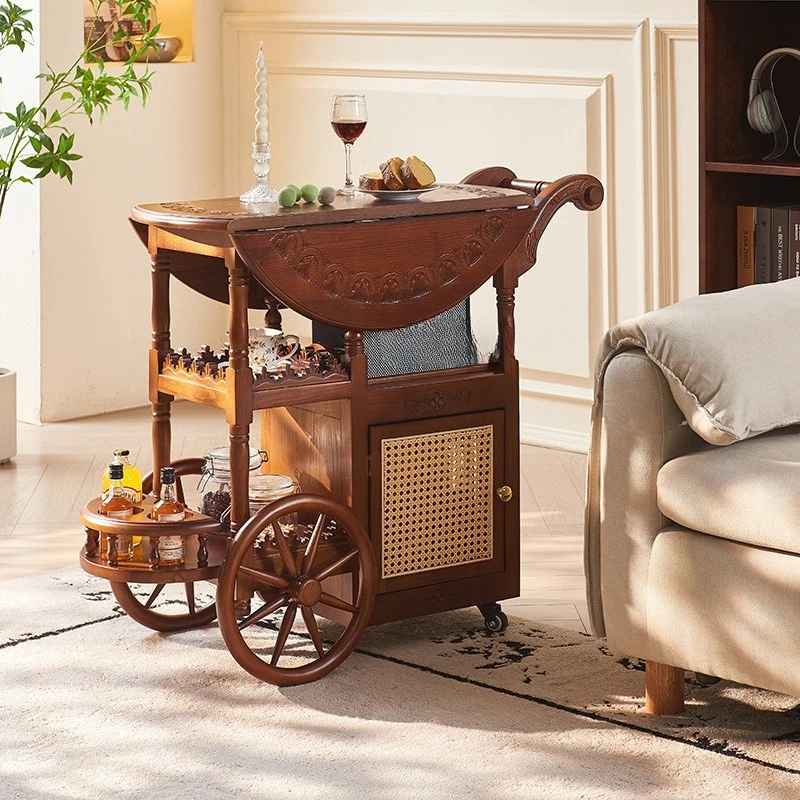 

French Solid Wood Wine Rack Cart Movable Cart Coffee Table Medieval Style Folding Desktop Household Tea Cart