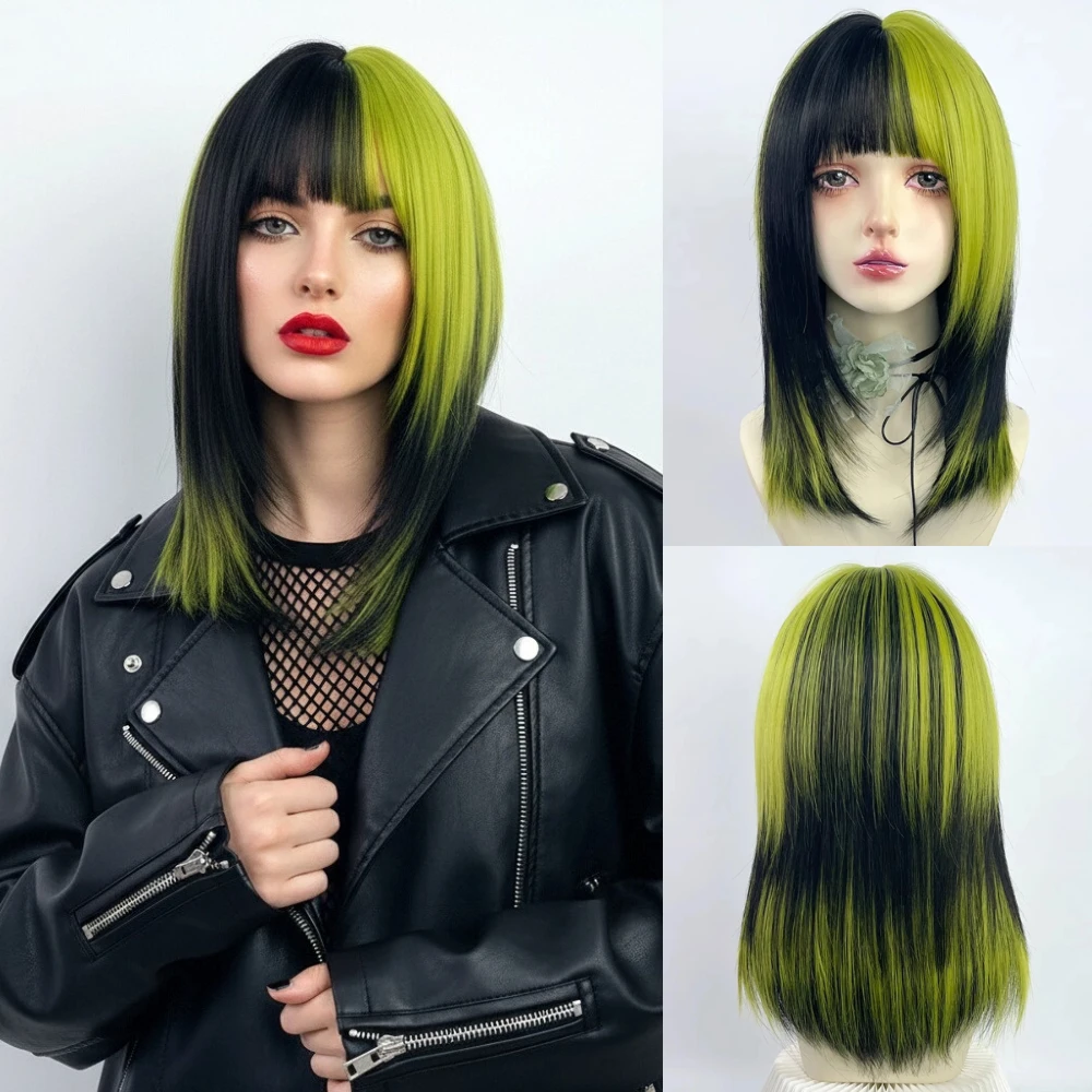 

Short Straight Wig with Bangs Green Ombre Black Color Synthetic Hair Women Daily Cosplay Party Wear