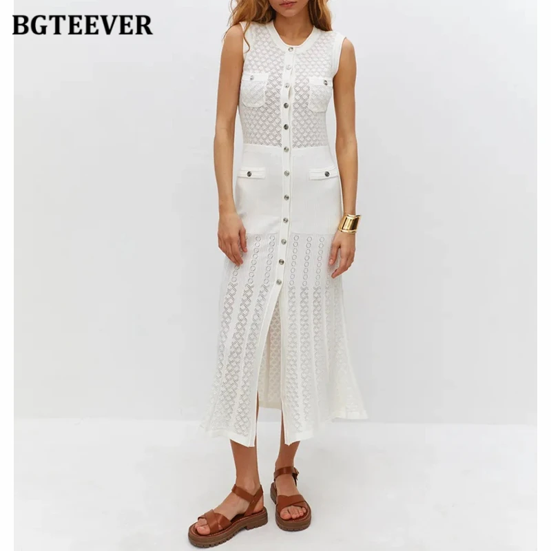 

BGTEEVER Elegant Slim Waist Pockets Female Knitted Dress O-neck Single-breasted A-line Dress for Women
