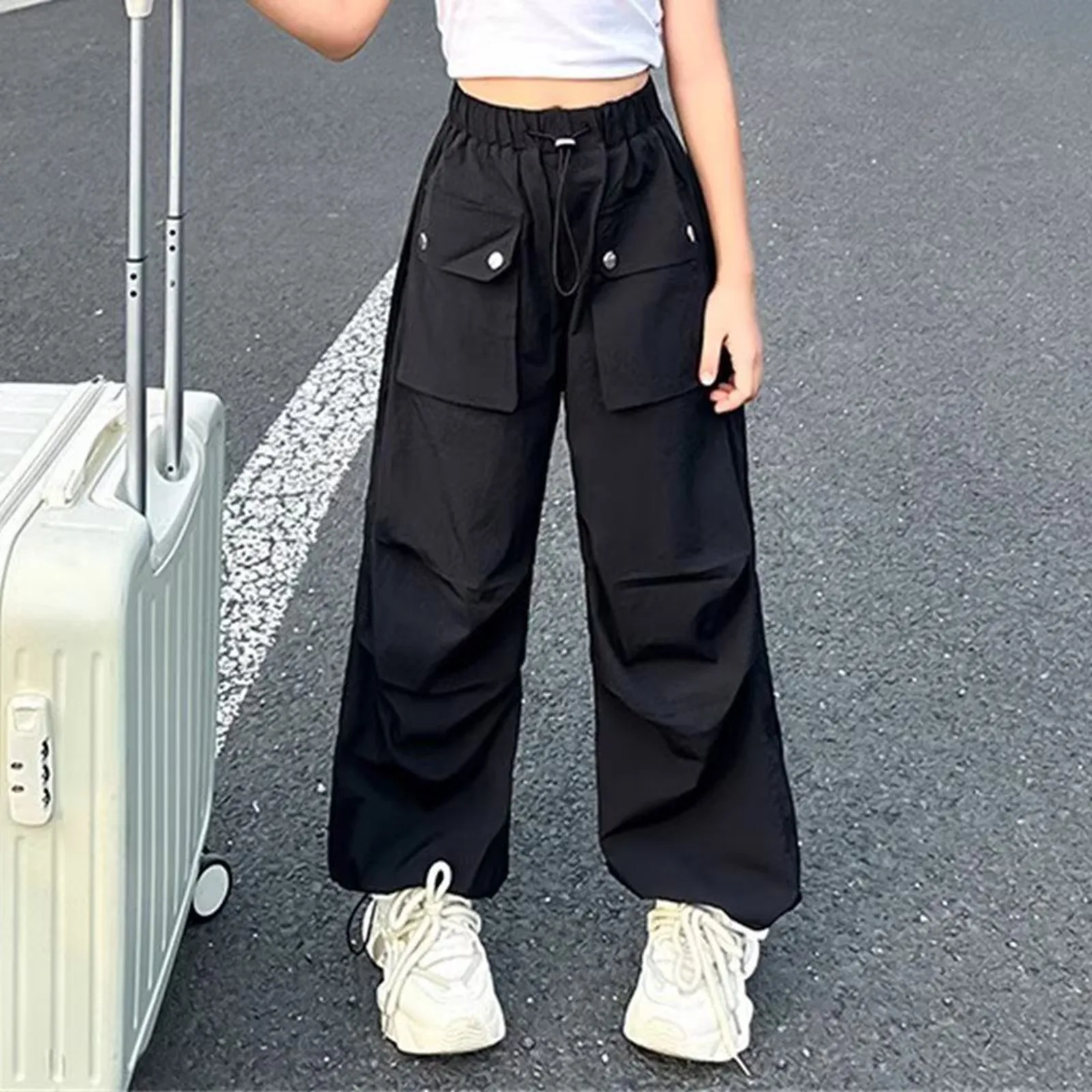 

Y2K Cargo Pants Girls Spring Summer Casual Joggers Sports Pants Loose Straight High Waist Drawstring Streetwear Trousers 4-14Y