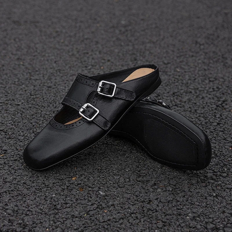 

NEW Summer Women Sandals Genuine Leather Shoes for Women Round Toe Low Heel Shoes Cover Toe Brogue Shoes Belt Buckle Women Mules