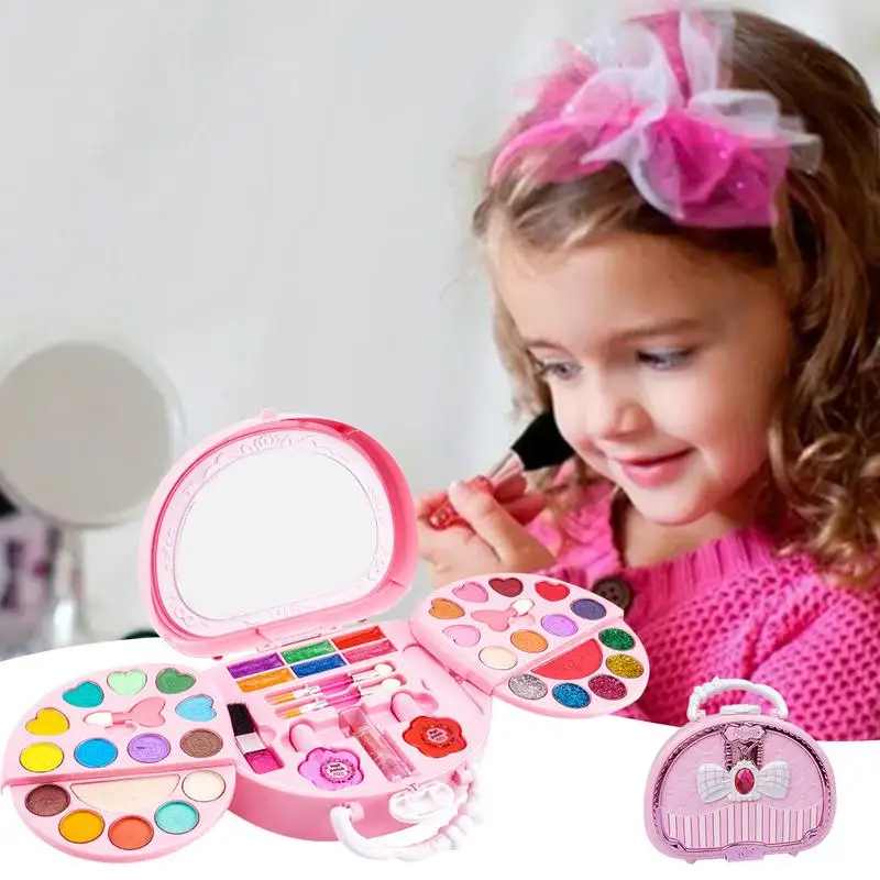 Set di trucco per bambini per ragazze Kit di trucco Set di cosmetici per ragazze lavabili Set di bellezza rosa Finta giocattoli di trucco sicuri e portatili reali per