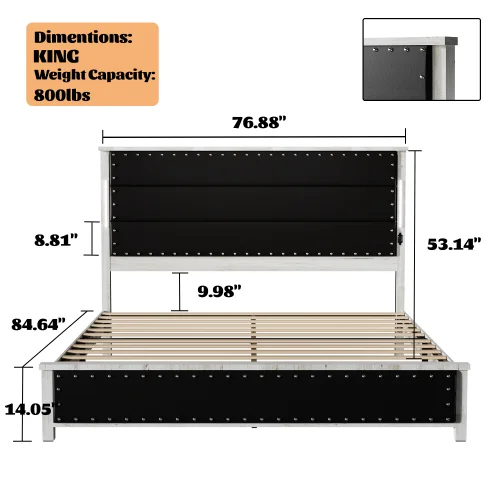 King Size Bed Frame with Upholstered Headboard, King Bed Frame with Charging Station and LED Lights, Wood Slatspromote sales