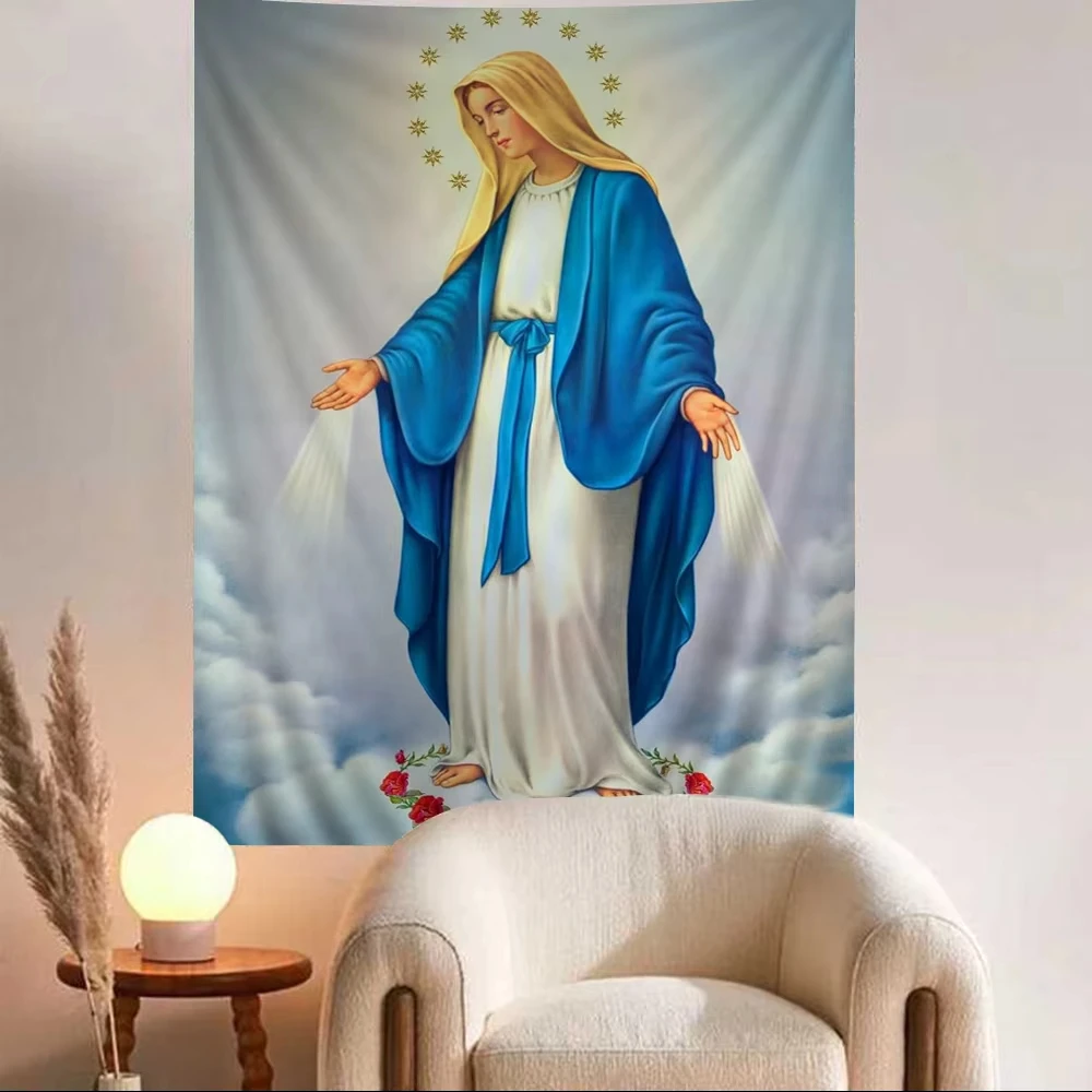VIKAMA Scandinavian Icon Tapestry Virgin Mary Hand Painted Halo Clouds Starburst Church Meditation Room Bedroom Religious Art