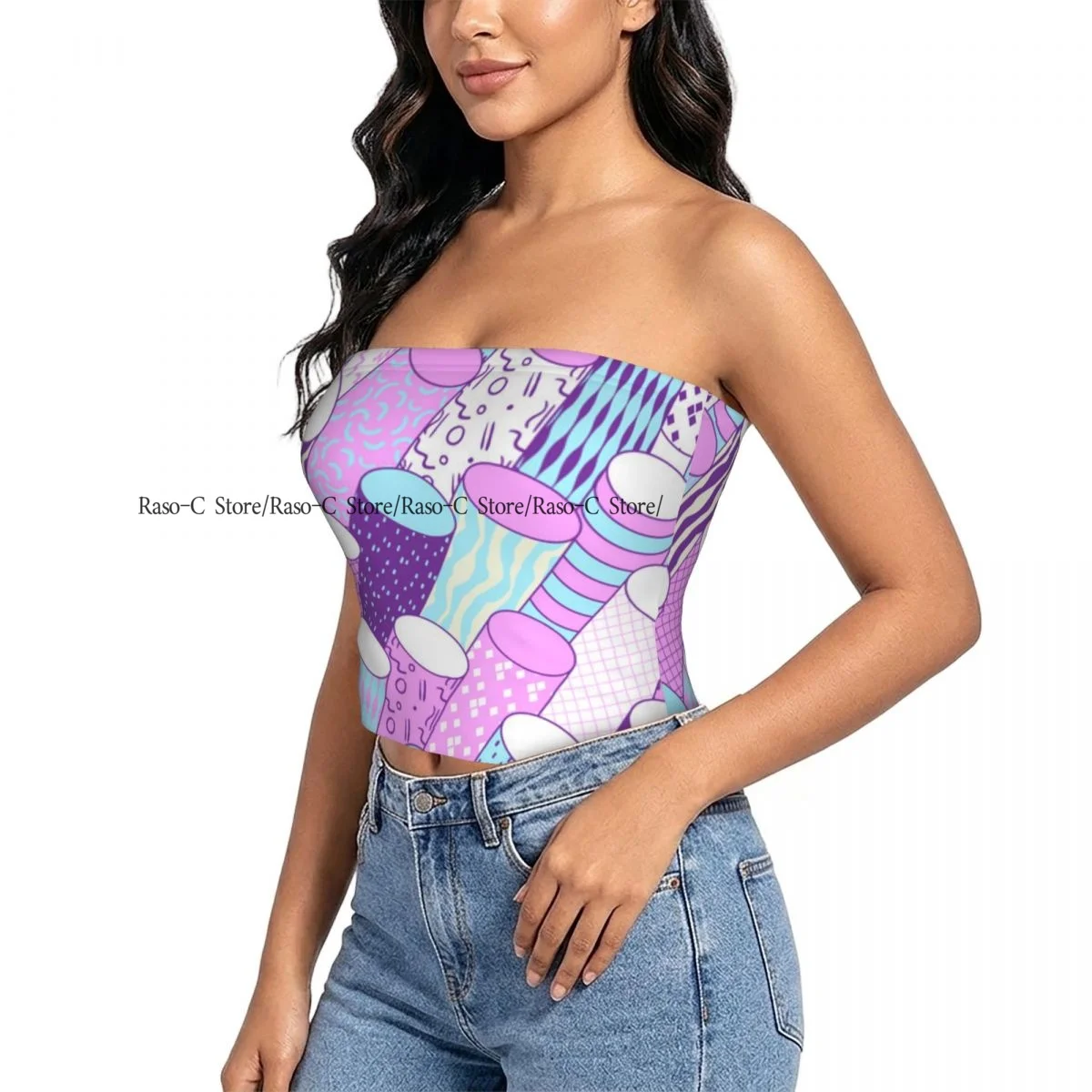 Strapless Sexy Tube Tops Summer Outfits Women Backless Shoulder Wrap Vintage Memphis Geometric 80s 90s Style Female Crop Top