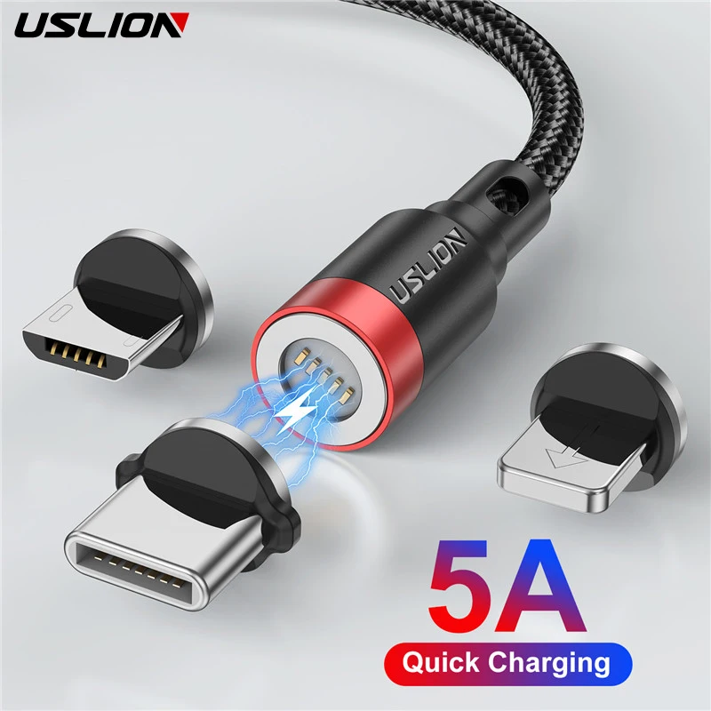 USLION 5A Fast Charging Magnetic USB Cable Type C Cable LED Phone Wire Micro USB Type-C Magnet Charger For Iphone 14 XR Samsung