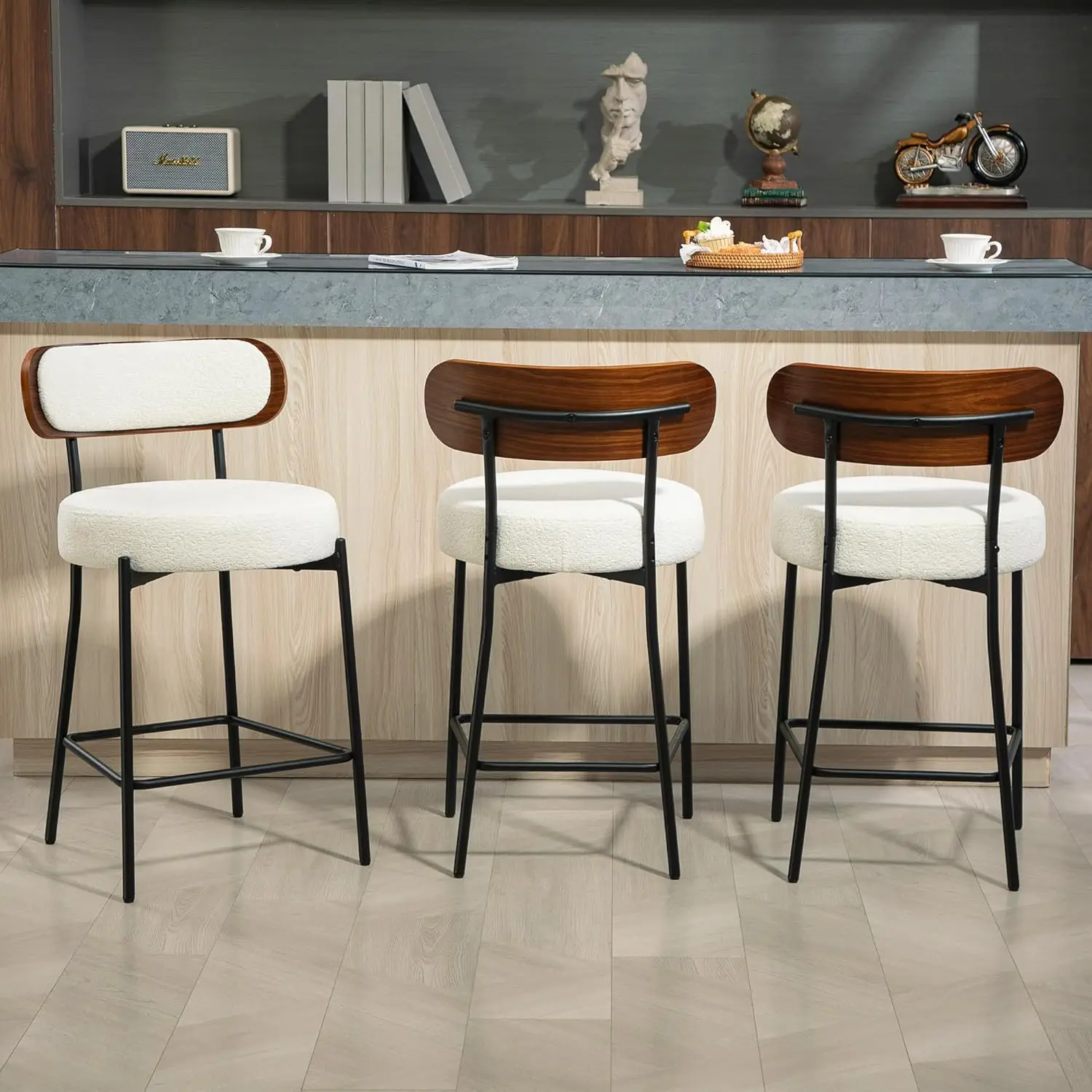 

24'' White Bar Stools Set of 3, Modern Counter Height Bar Stools, Boucle Bar Stools with Wood Back for Kitchen, Customized