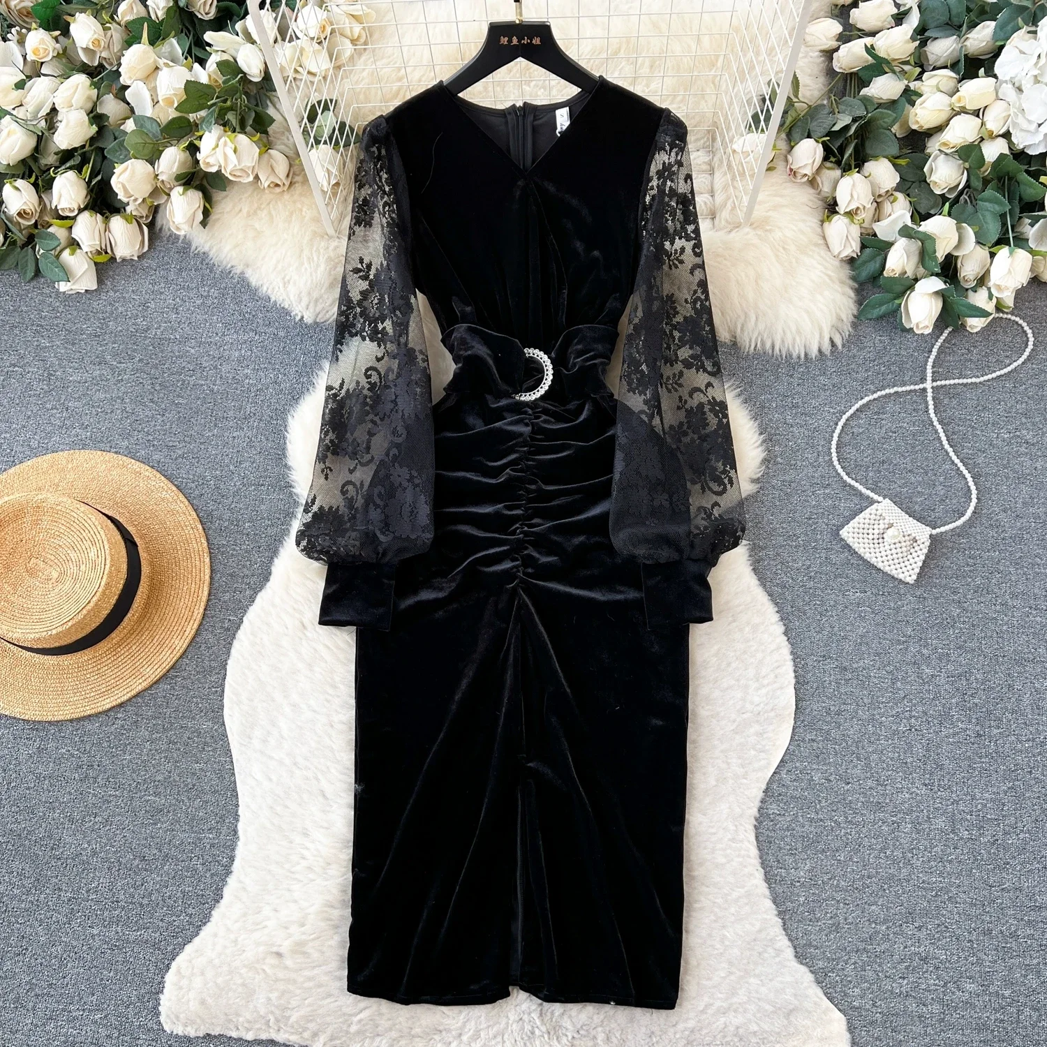 Celebrity Temperament Lace Splicing Velvet Bodycon Dresses Women\'s Sexy V-neck Long Sleeve Folds Belt Slim Pencil Dress